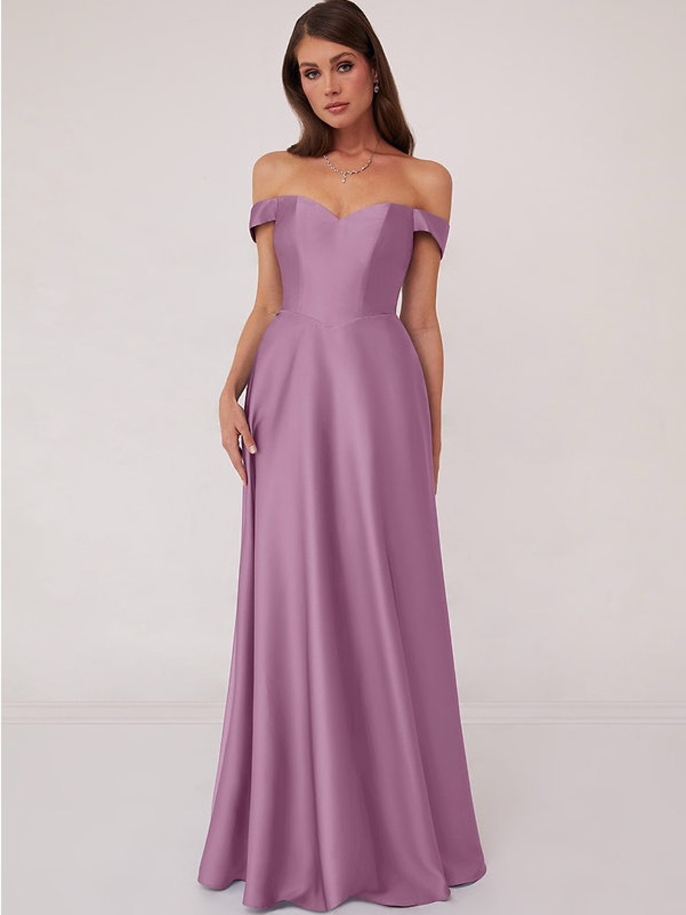 Azazie X Barbie 1013 A-Line Off Shoulder Satin Bridesmaid Dress - Wisteria